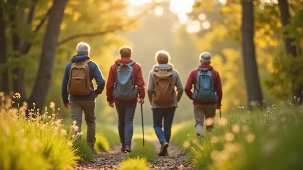 Senioru grupa pārgājienā dabas takā ar skaistem koku vidē